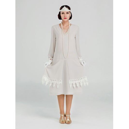 Roaring Twenties chiffon dress with long sleeves in bleached linen color