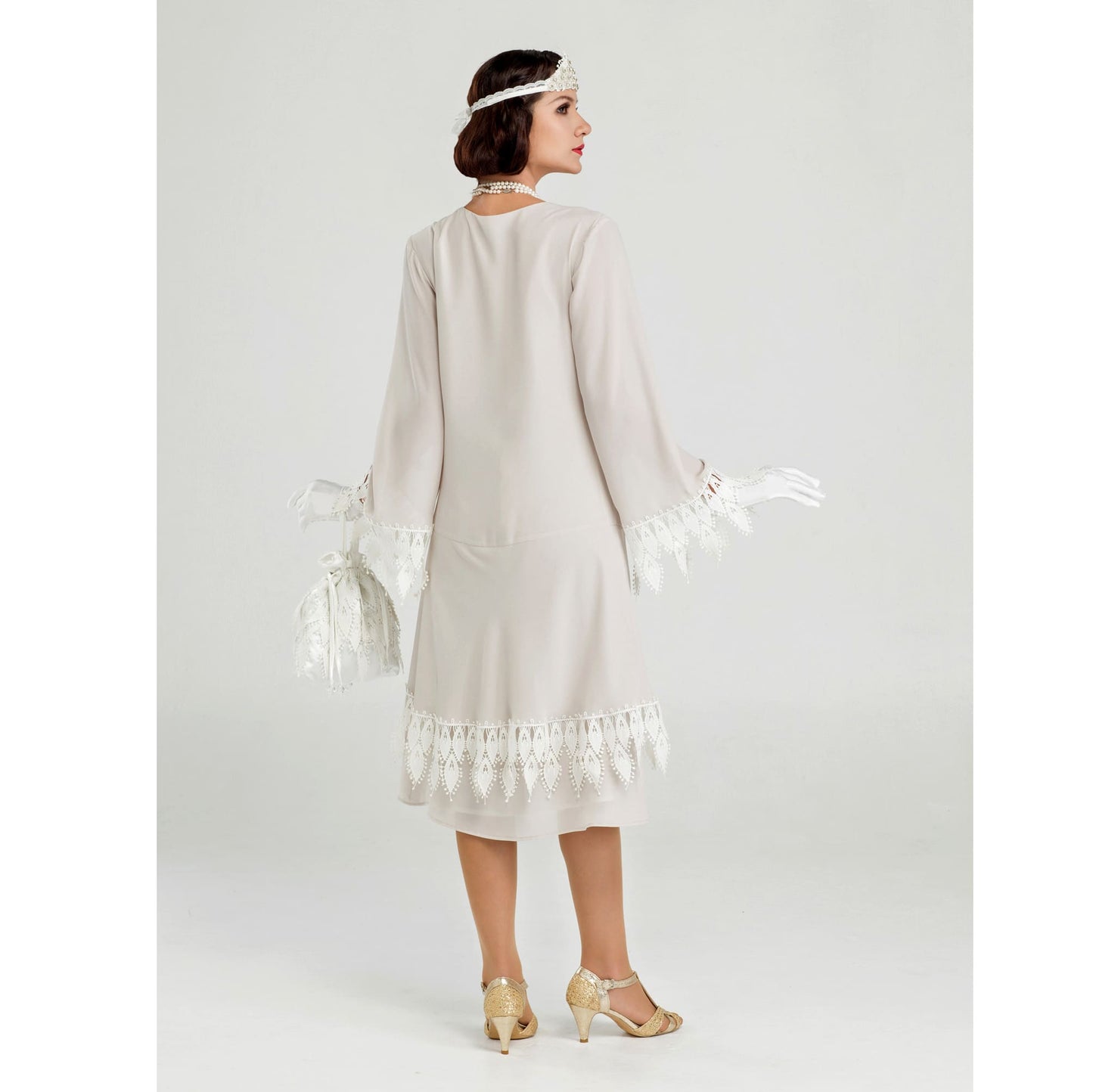 Roaring Twenties chiffon dress with long sleeves in bleached linen color