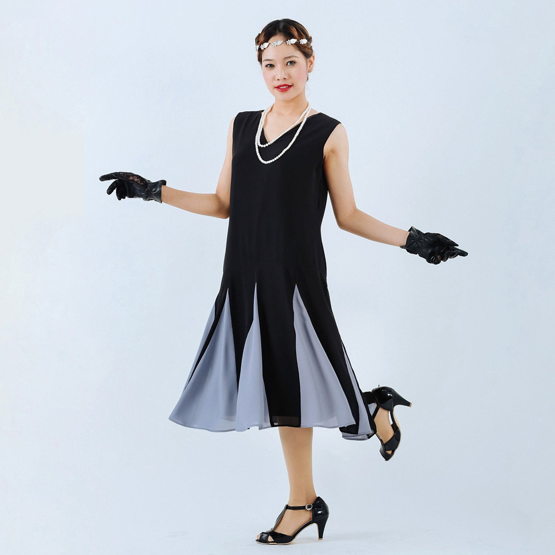 Flapper dress with black and grey chiffon and skirt godets - a vintage-inspired Roaring Twenties dress