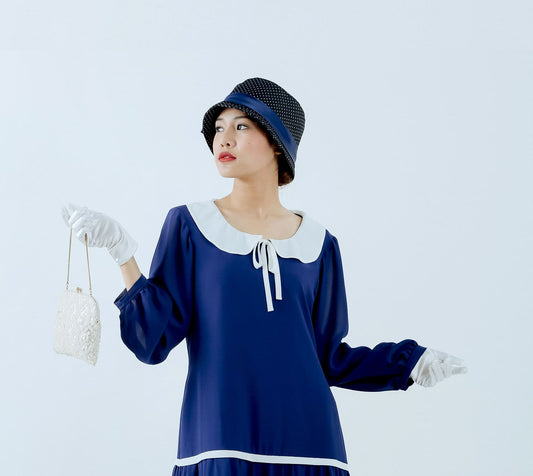 Great Gatsby day dress in dark blue with peter pan collar - a vintage-inspired Roaring Twenties dress