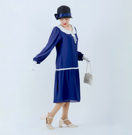 This dark blue long sleeved 1920s day dress with peter pan collar can be worn as a flapper, Great Gatsby dress or Downton Abbey dress.