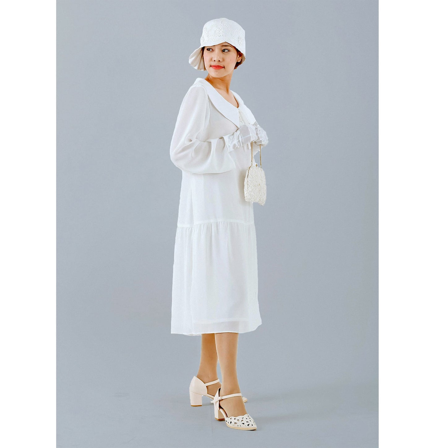 Off-white chiffon Gatsby dress with puritan collar. This 1920s dress can be worn as a 20s flapper dress, Great Gatsby dress or Downton Abbey dress.