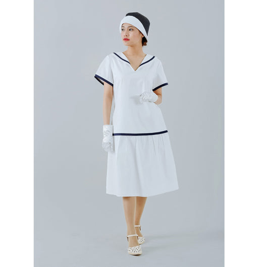 White 1920s sailor dress with navy blue details - a vintage-inspired Roaring Twenties dress