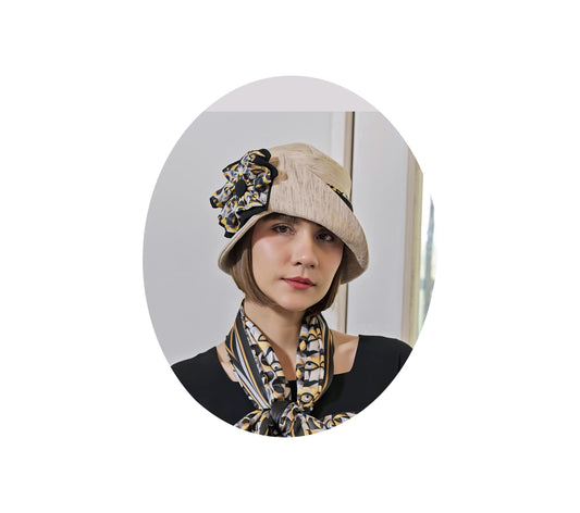 Cream Great Gatsby party hat with art deco floral hat band - a 1920s hat