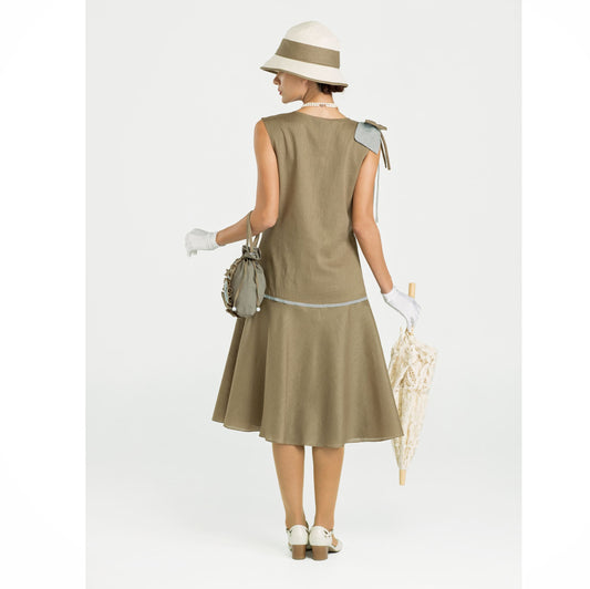 Linen 1920s party dress in olive green with grey contrast details. The 1920s dress can be worn as a 20s high tea dress or Downton Abbey day dress.