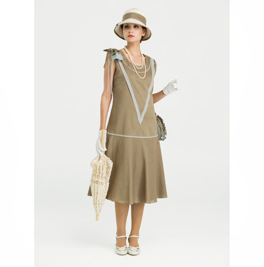 Linen Great Gatsby dress in olive green & grey - a vintage-inspired Roaring Twenties dress