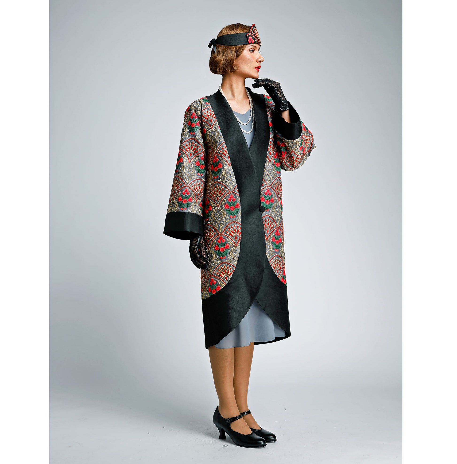 Great Gatsby coat from art deco embroidered silk with grey background. This art deco coat can be worn as an 1920s coat, kimono jacket or cocoon coat
