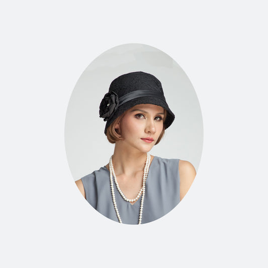 Black 1920s cloche hat with cotton and black lace - a vintage-inspired Roaring Twenties hat