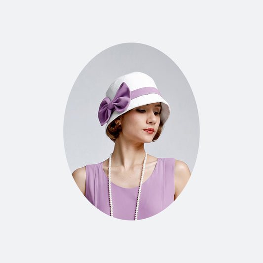Great Gatsby hat with off-white cotton and lavender ribbon - a vintage-inspired Roaring Twenties hat