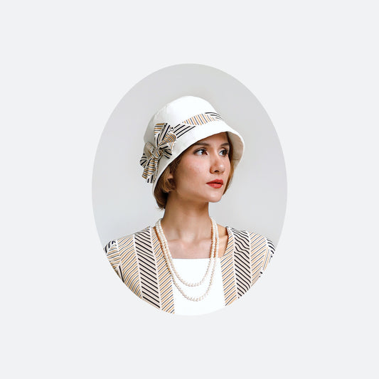 1920s cloche hat with off-white cotton and cotton print ribbon in yellow - A Roaring Twenties cloche