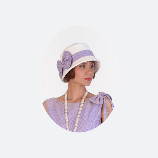 1920s cloche hat in lavender and off white cotton - a vintage-inspired Roaring Twenties hat