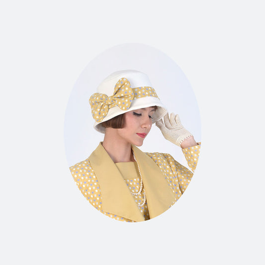1920s summer party hat in light mustard and off-white cotton - a vintage-inspired Roaring Twenties hat