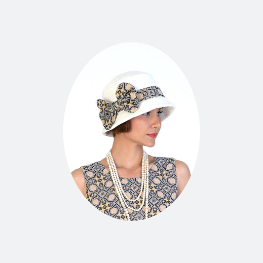 1920s cloche hat in off white and beige tile printed pattern - a Roaring Twenties cloche