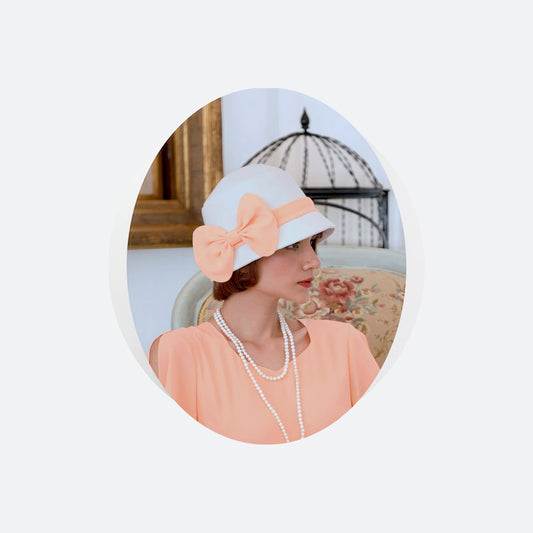 Great Gatsby hat with off-white cotton and peach chiffon - a vintage-inspired Roaring Twenties hat