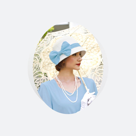 Great Gatsby hat with off-white cotton and light blue chiffon - a vintage-inspired Roaring Twenties hat