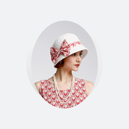 1920s cloche hat of off-white cotton and red printed chiffon - a Roaring Twenties hat