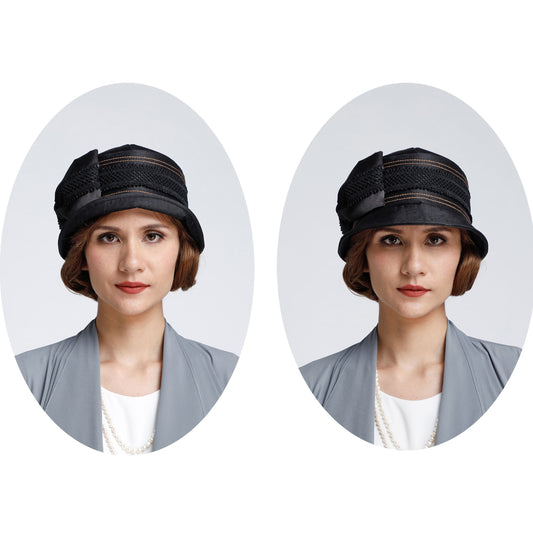 Black silk 1920s cloche hat with a bow and grey lace trim. Can be worn as a Great Gatsby hat, a Downton Abbey hat or a 20s high tea hat