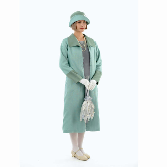 1920s daywear inspired pastel blue summer linen coat with wing collar