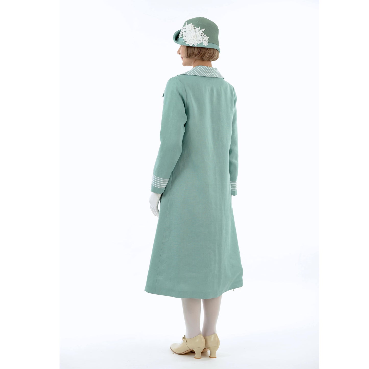 Great Gatsby linen day coat in pastel blue & blue/white stripe details