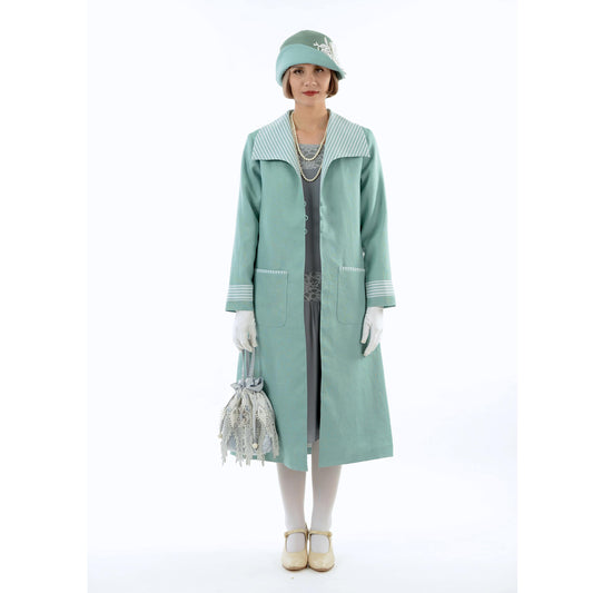 Great Gatsby linen day coat in pastel blue & blue/white stripe details