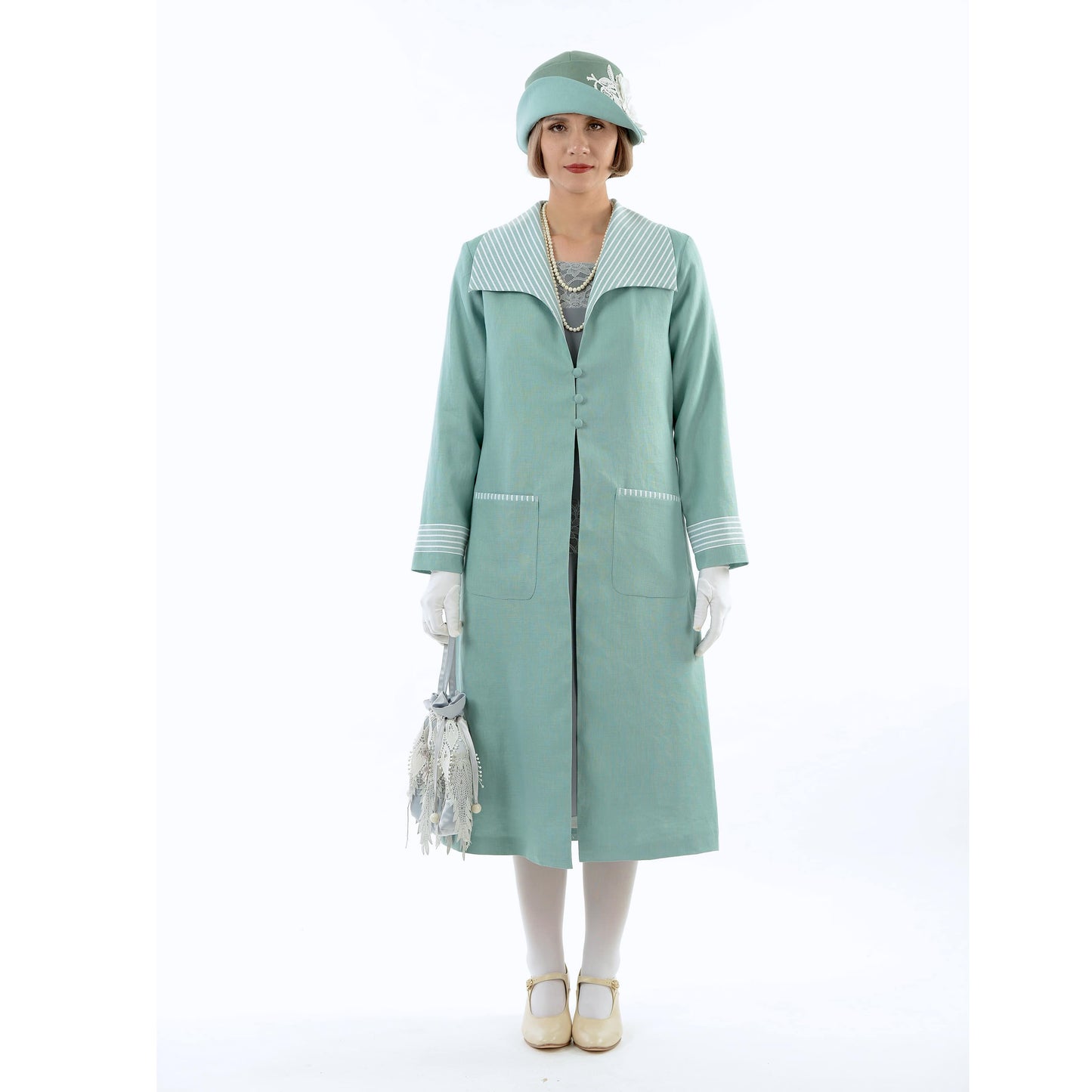 Great Gatsby linen day coat in pastel blue & blue/white stripe details