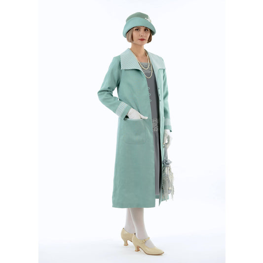 Great Gatsby linen day coat in pastel blue & blue/white stripe details