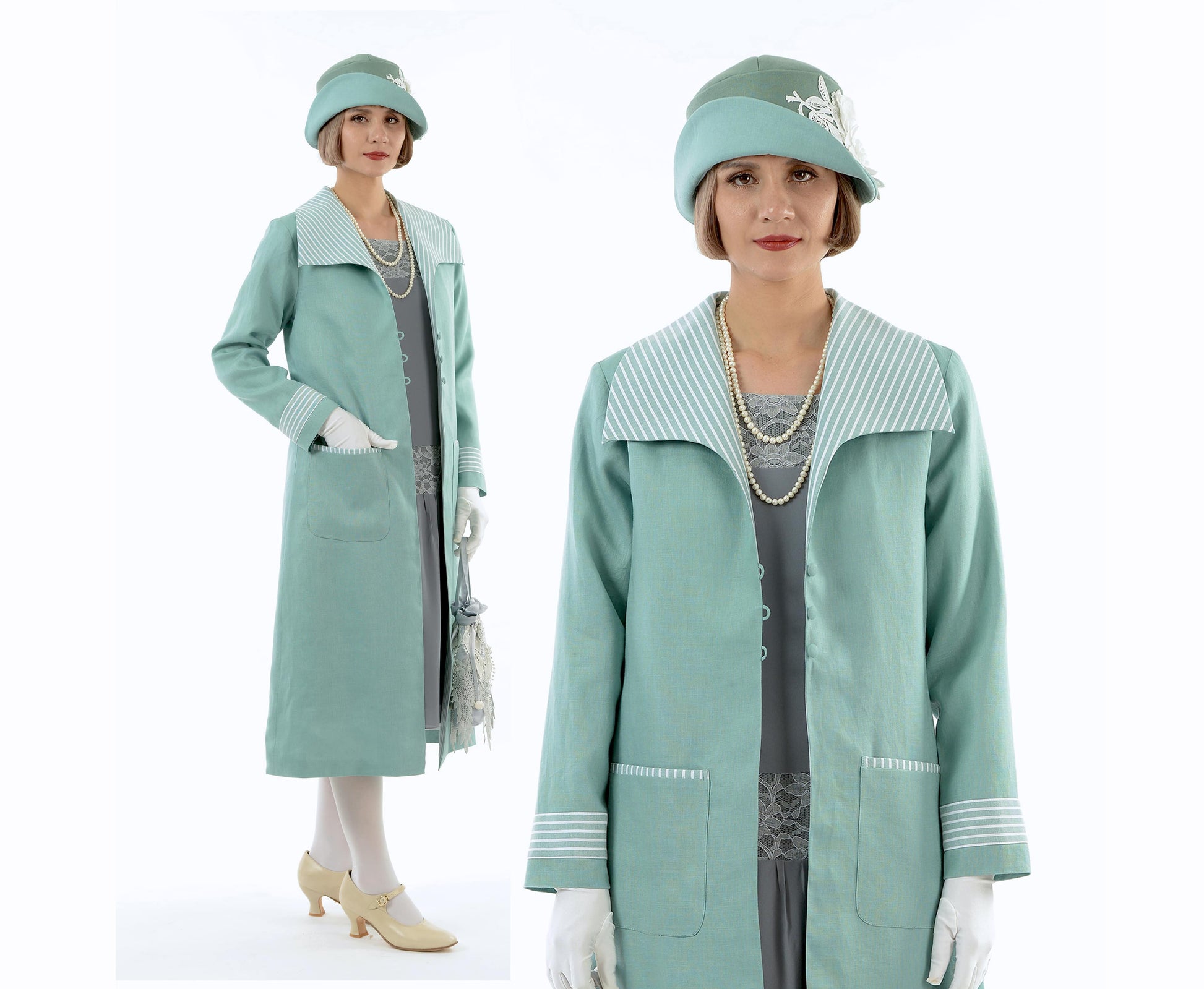 Great Gatsby linen day coat in pastel blue & blue/white stripe details - a roaring twenties jacket