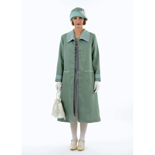 Gatsby linen day coat in muted green & contrasting green/white details