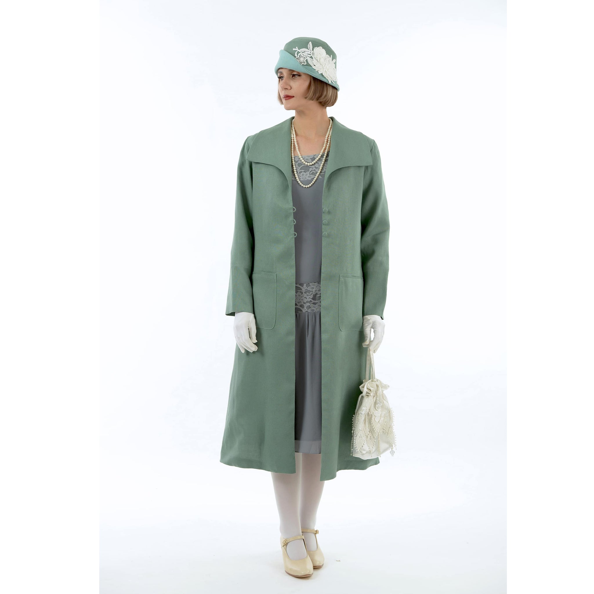 1920s Summer Daywear Great Gatsby Linen Coat In Muted Green LaVieDelight 1920s-summer-daywear-great-gatsby-linen-coat-in-muted-green-laviedelight