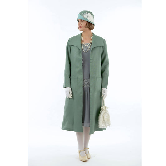 1920s summer daywear inspired Great Gatsby linen coat in muted green