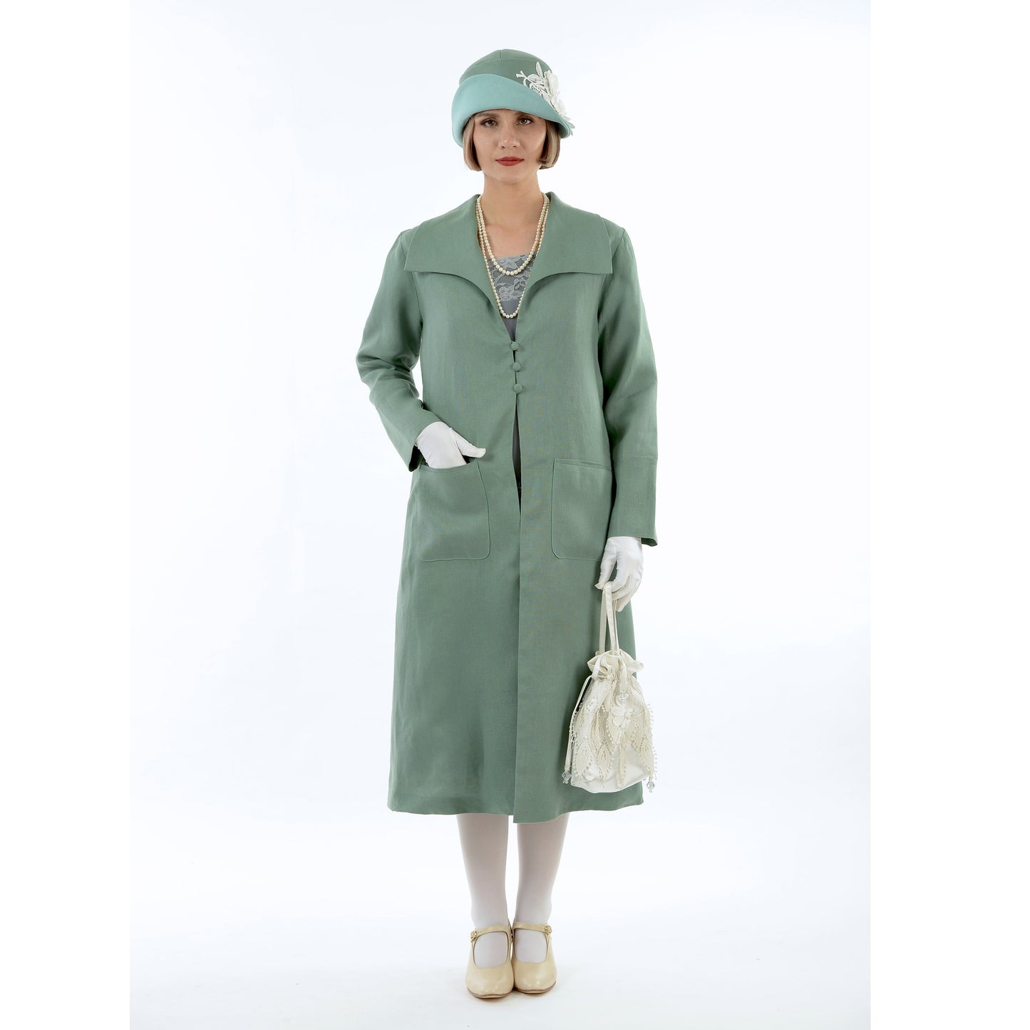 1920s summer daywear Great Gatsby linen coat in muted green