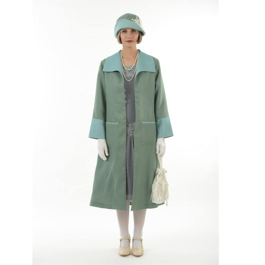 Flapper day coat in muted green linen and pastel blue details