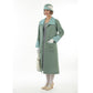 Flapper coat in muted green linen and pastel blue details, that can be worn as a long 1920s Great Gatsby coat 