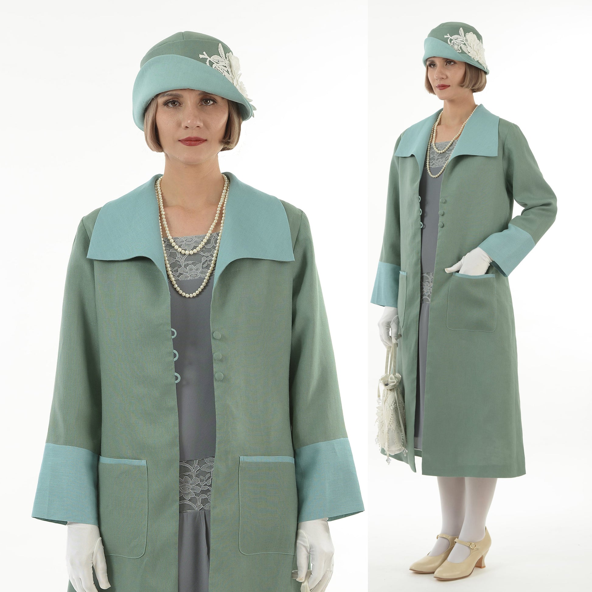 Flapper day coat in muted green linen and pastel blue details - a roaring twenties coat