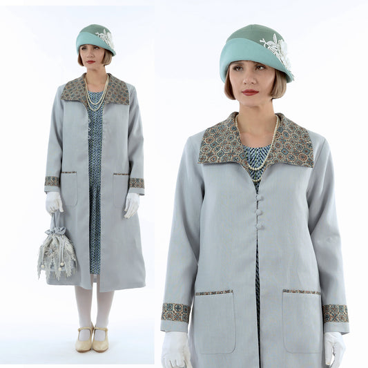 CLEARANCE: 1920s-inspired linen day coat in grey with button closure