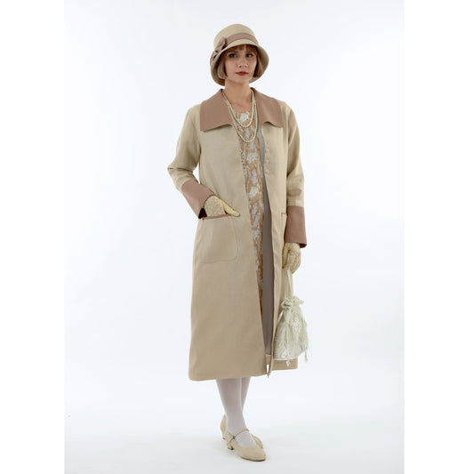 2-toned light brown linen Great Gatsby coat with wing collar