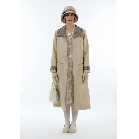 1920s summer fashion inspired light brown linen coat with wing collar