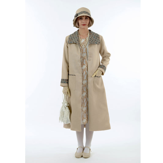 Light brown long linen roaring twenties coat with wing collar. This 1920s fashion coat can be worn as a Great Gatsby jacket or flapper coat.