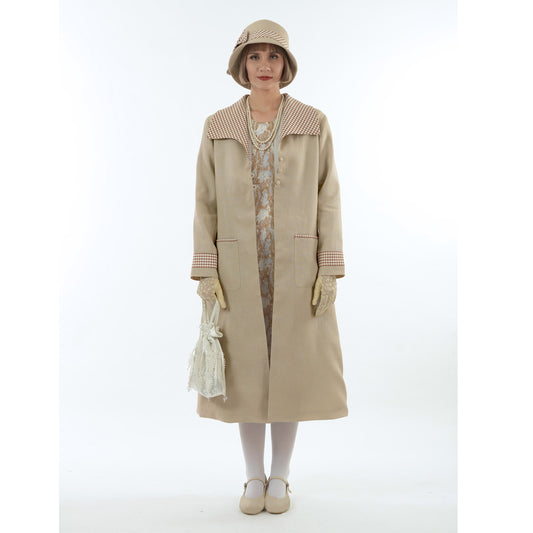 Light brown linen 1920s coat with plaid wing collar