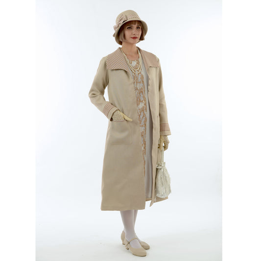 Light brown linen 1920s coat with plaid wing collar