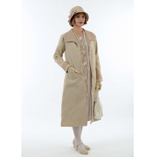 Light brown long linen coat with plaid wing collar and pockets. You can wear this 1920s fashion summer coat as a Great Gatsby jacket