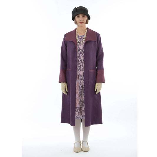 2-toned purple linen 1920s reproduction day coat with wing collar