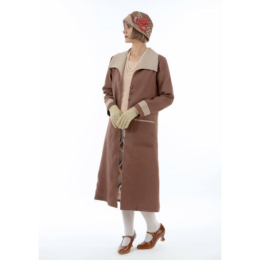 Dark brown linen 1920s coat with white/brown plaid collar