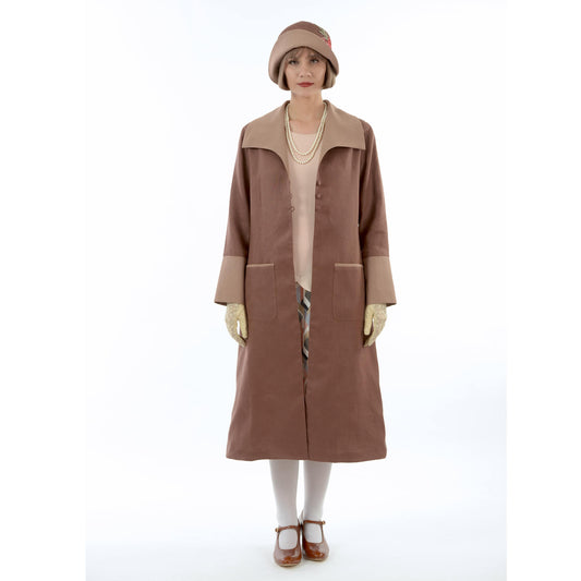 2-toned dark brown linen 1920s coat with wing collar