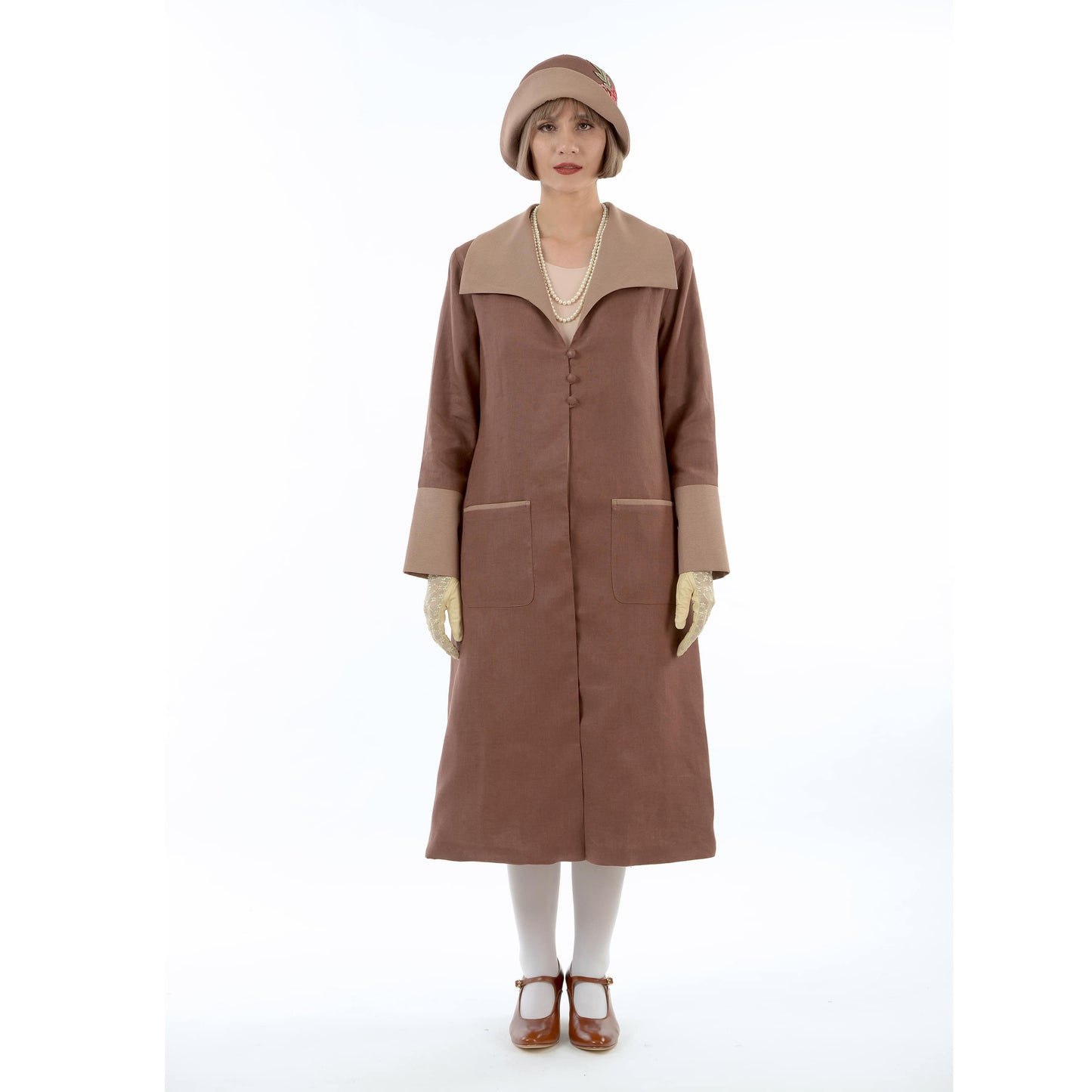 2-toned dark brown linen 1920s coat with wing collar