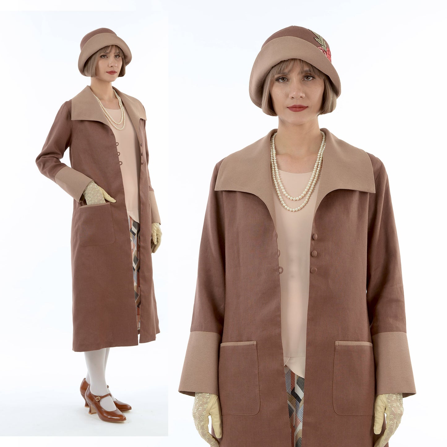 2-toned dark brown linen 1920s coat with wing collar