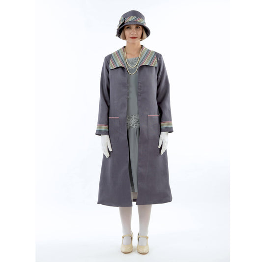 Dark grey summer linen 1920s coat with plaid wing collar