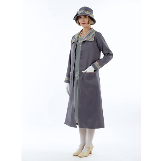 Linen Great Gatsby coat with single-breasted button closure and plaid wing collar. This dark grey 1920s coat can be worn as a 20s summer overcoat.