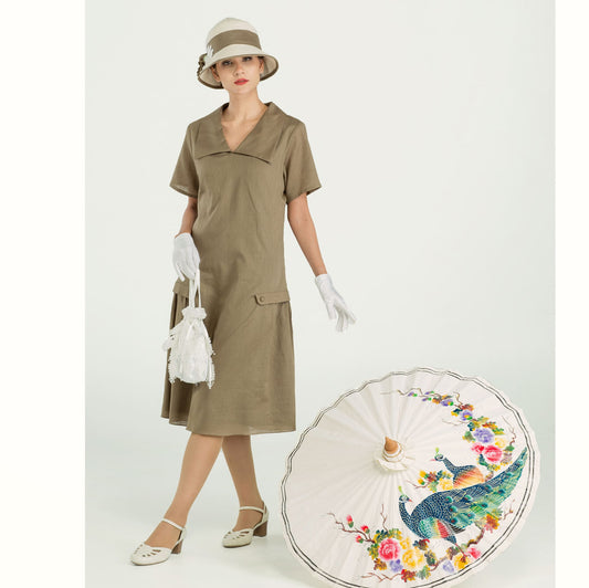 1920s linen dress in olive green with puritan collar - a vintage-inspired Roaring Twenties dress