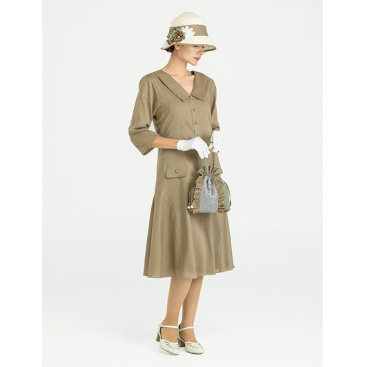 1920s dress made of quality linen in olive green with puritan collar. Can be worn as a 1920s high tea dress, Great Gatsby dress or Downton Abbey dress.